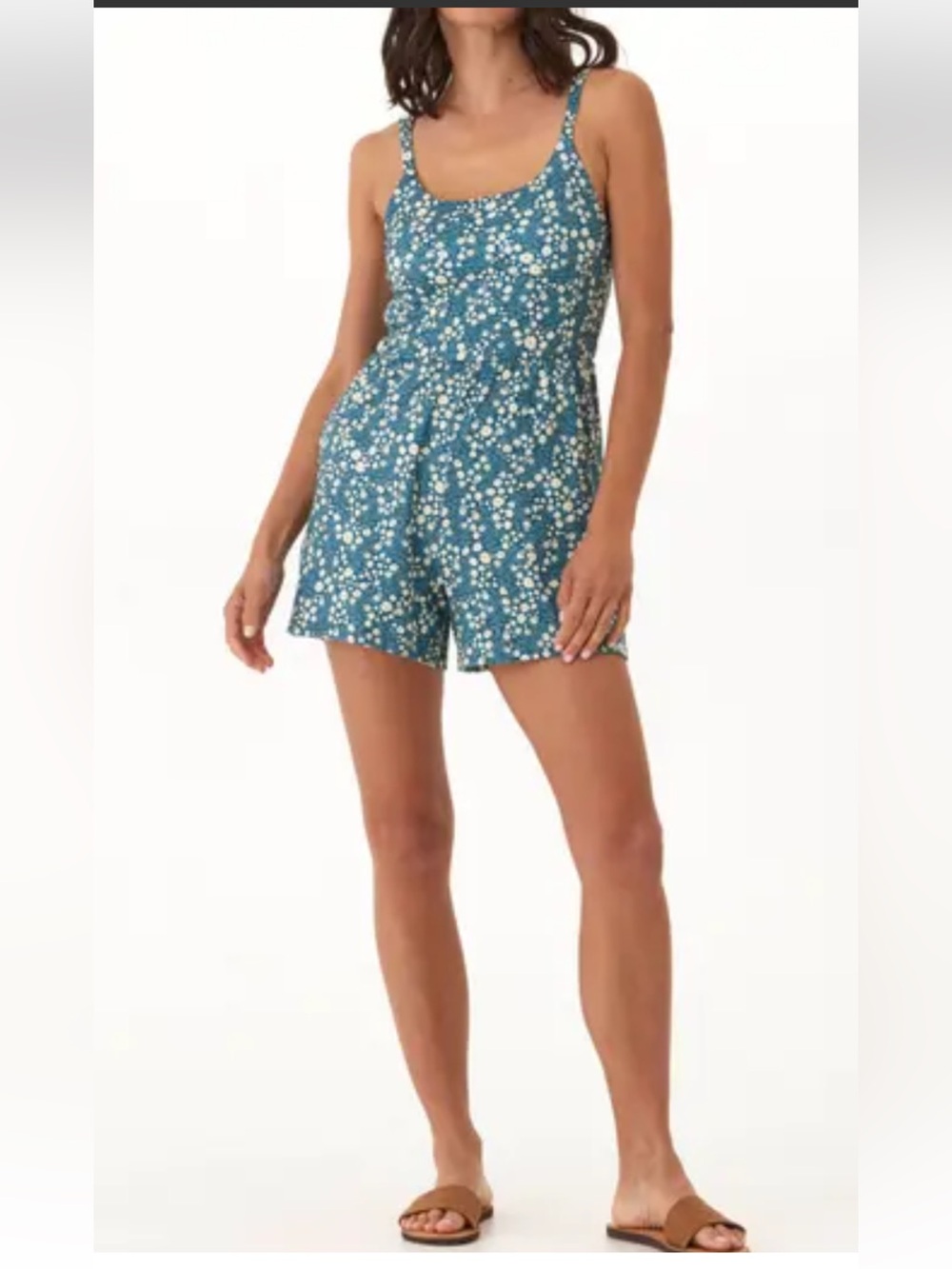 Threads 4 Thought Tansie Microluxe Jersey Romper M. Blue/green w/white floral.